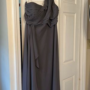 David’s Bridal one shoulder dress. Pewter color (like a grayish blue)